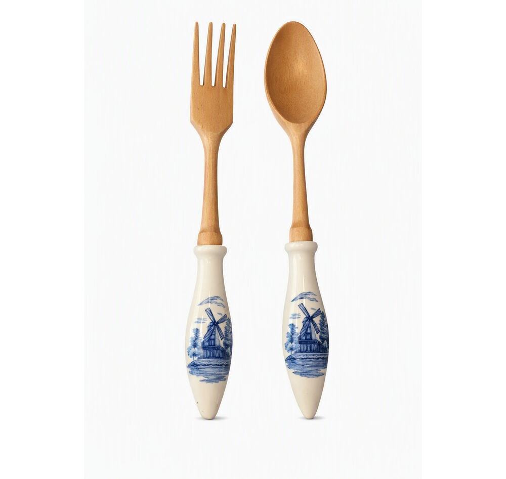 Dutch Delftware Fork Spoon Salad Set Wood-look Windmill Porcelain Handle VTG